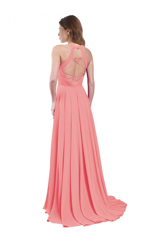 Halter Neck Long Chiffon Watermelon Sleeveless Bridesmaid Dress / Evening Dress Darwin
