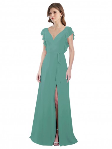 V-Neck Long Soft Chiffon Icelandic Silver Cap Sleeves Formal Dress / Bridesmaid Dress Darwin