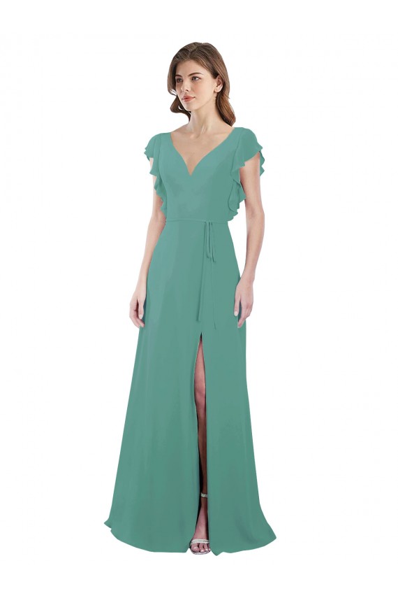 V-Neck Long Soft Chiffon Icelandic Silver Cap Sleeves Formal Dress / Bridesmaid Dress Darwin