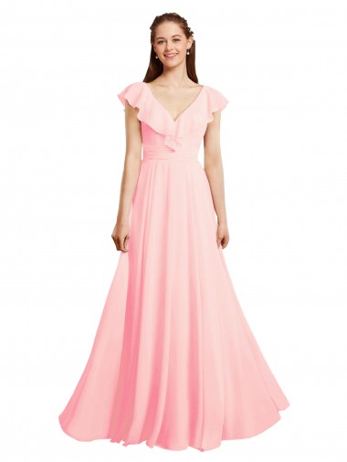 V-Neck Long Chiffon Pink Cap Sleeves Bridesmaid Dress / Evening Gowns Darwin