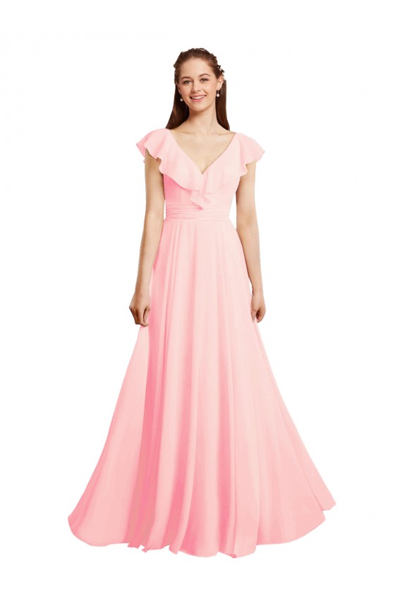 V-Neck Long Chiffon Pink Cap Sleeves Bridesmaid Dress / Evening Gowns Darwin
