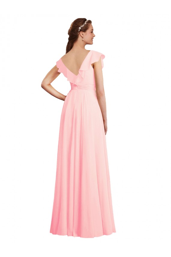 V-Neck Long Chiffon Pink Cap Sleeves Bridesmaid Dress / Evening Gowns Darwin