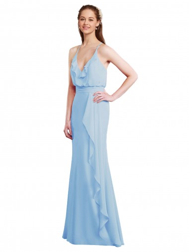 V-Neck Long Soft Chiffon Light Sky Blue Sleeveless Bridesmaid Dress Darwin