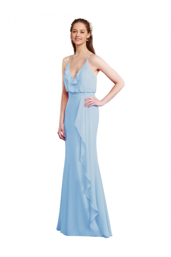 V-Neck Long Soft Chiffon Light Sky Blue Sleeveless Bridesmaid Dress Darwin