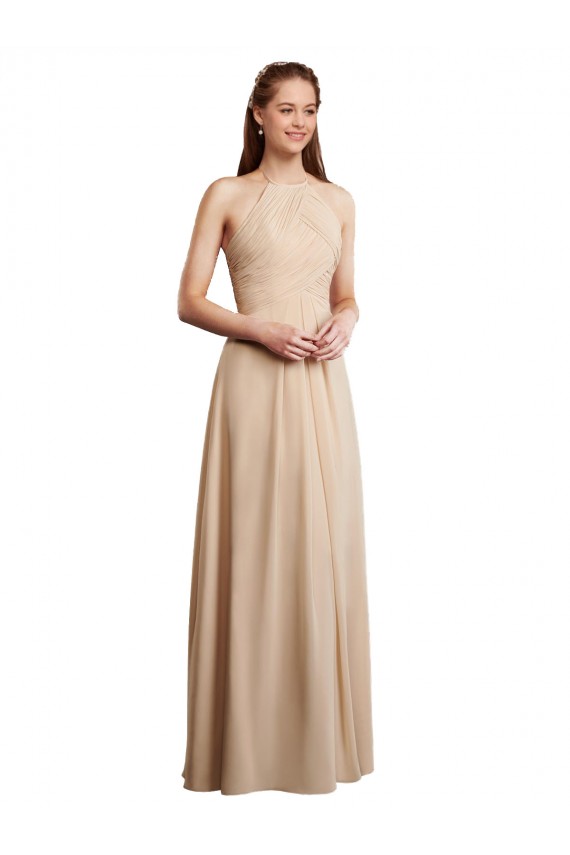 Halter Neck Long Soft Chiffon Champagne Sleeveless Bridesmaid Dress Darwin