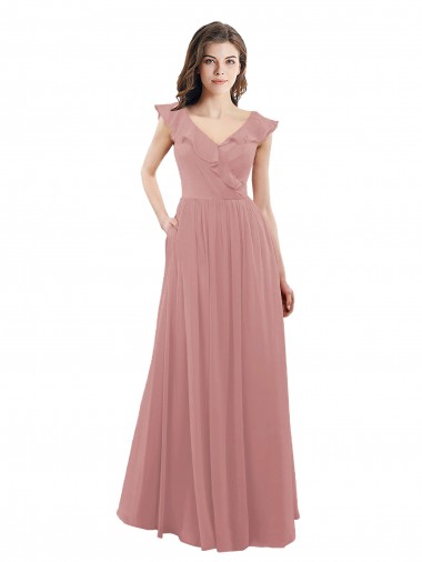 V-Neck Long Soft Chiffon Dusty Pink Cap Sleeves Bridesmaid Dress Darwin