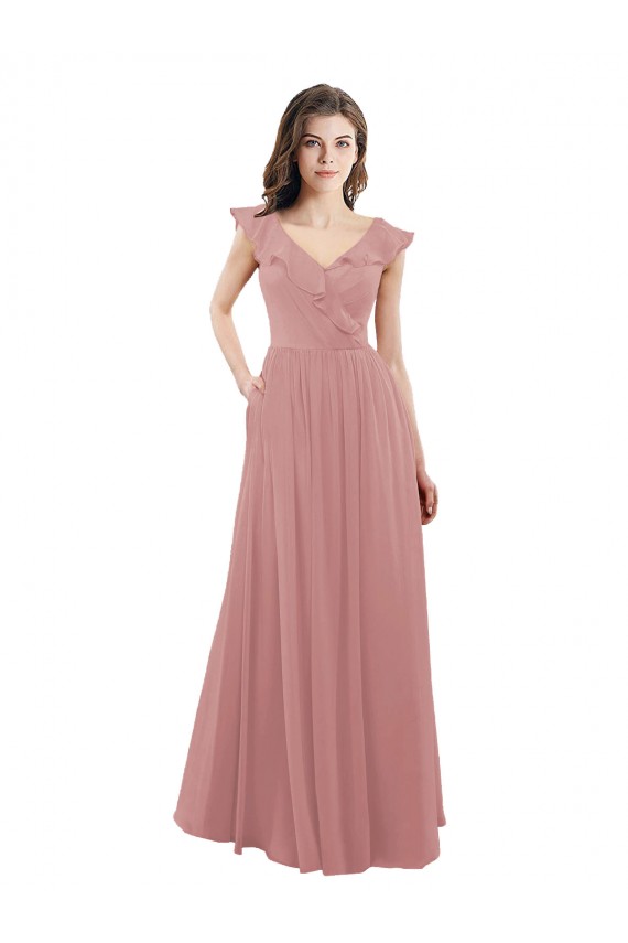 V-Neck Long Soft Chiffon Dusty Pink Cap Sleeves Bridesmaid Dress Darwin