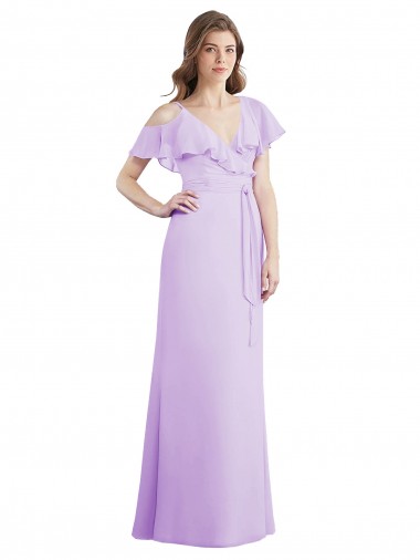 V-Neck Long Soft Chiffon Lilac Cold Shoulder Bridesmaid Dresses Darwin