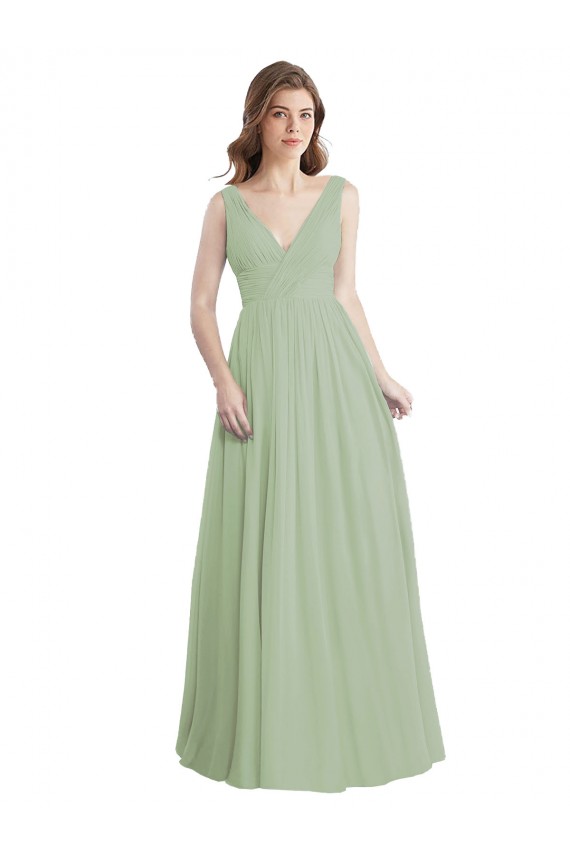 V-Neck Long Soft Chiffon Smoke Green Sleeveless Formal Dress / Bridesmaid Dress Darwin