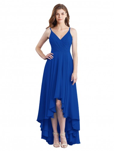 Spaghetti Straps Long Soft Chiffon Royal Blue Sleeveless High Low Bridesmaid Dress Darwin