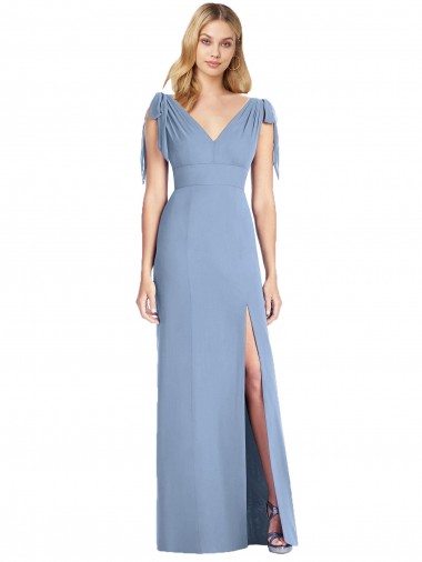 V-Neck Long Soft Chiffon Dusty Blue Sleeveless Bridesmaid Dress Darwin