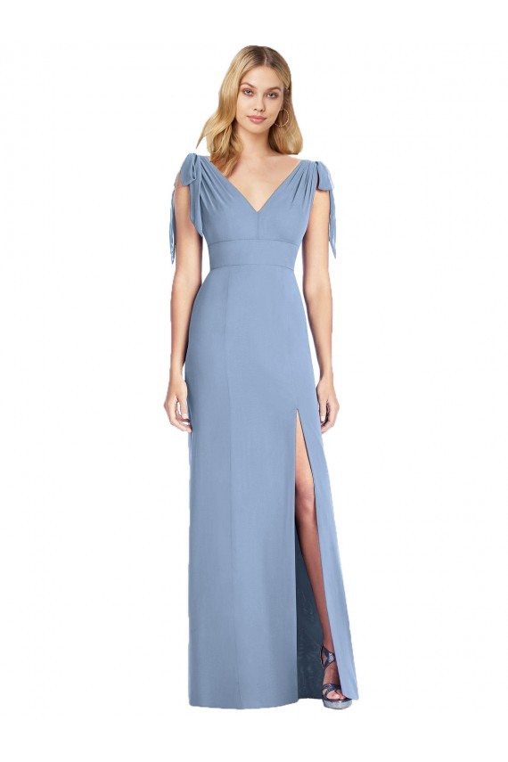 V-Neck Long Soft Chiffon Dusty Blue Sleeveless Bridesmaid Dress Darwin