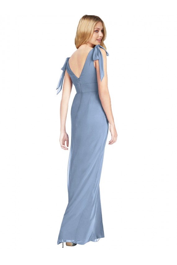V-Neck Long Soft Chiffon Dusty Blue Sleeveless Bridesmaid Dress Darwin