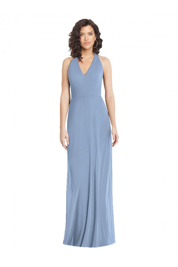 V-Neck Long Soft Chiffon Dusty Blue Sleeveless Formal Evening Gown / Bridesmaid Dress Darwin