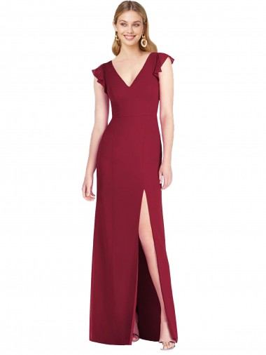 V-Neck Long Soft Chiffon Burgundy Ruffle Sleeves Bridesmaid Dress Darwin