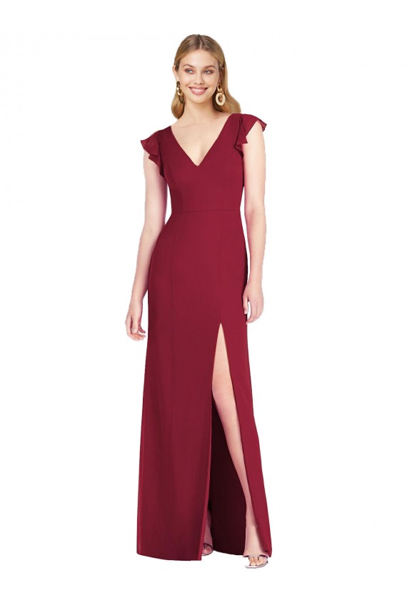 V-Neck Long Soft Chiffon Burgundy Ruffle Sleeves Bridesmaid Dress Darwin