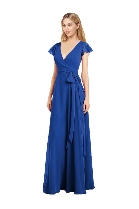 V-Neck Long Lxue Chiffon Royal Blue Flutter Sleeves Bridesmaid Dress Darwin