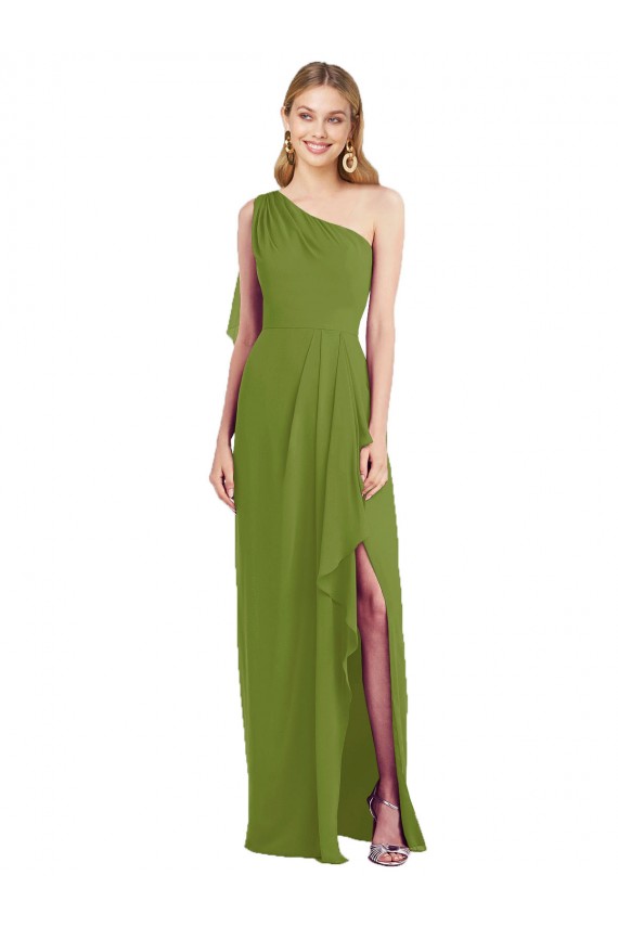 One Shoulder Long Soft Chiffon Olive Green Sleeveless Bridesmaid Dress Darwin