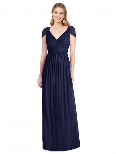 V-Neck Long Soft Chiffon Dark Navy Cap Sleeves Bridesmaid Dress Darwin