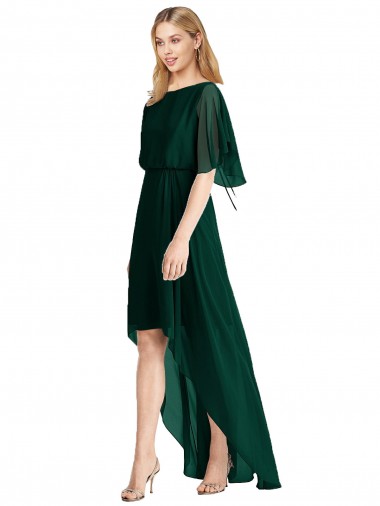 Round Neck Soft Chiffon Ever Green Flutter Sleeves High Low Bridesmaid Dress Darwin