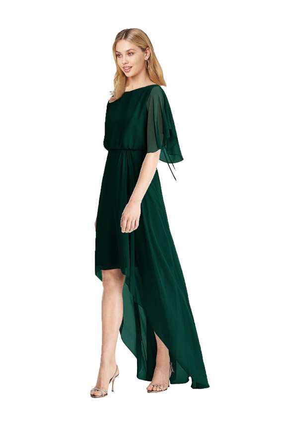 Round Neck Soft Chiffon Ever Green Flutter Sleeves High Low Bridesmaid Dress Darwin