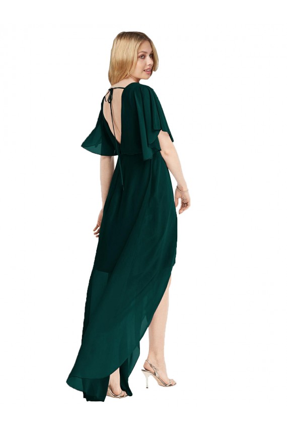 Round Neck Soft Chiffon Ever Green Flutter Sleeves High Low Bridesmaid Dress Darwin