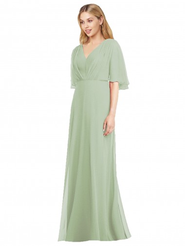 V-Neck Long Soft Chiffon Smoke Green Flutter Sleeves Bridesmaid Dress Darwin