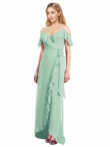 V-Neck Long Soft Chiffon Mint Green Cold Shoulder High Low Bridesmaid Dress Darwin