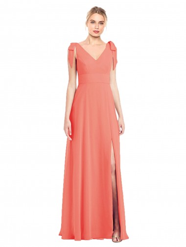 V-Neck Long Soft Chiffon Coral Sleeveless Bridesmaid Dress Darwin