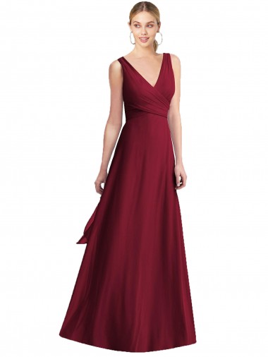 V-Neck Long Floor Length Chiffon Burgundy Sleeveless Bridesmaid Dress Darwin