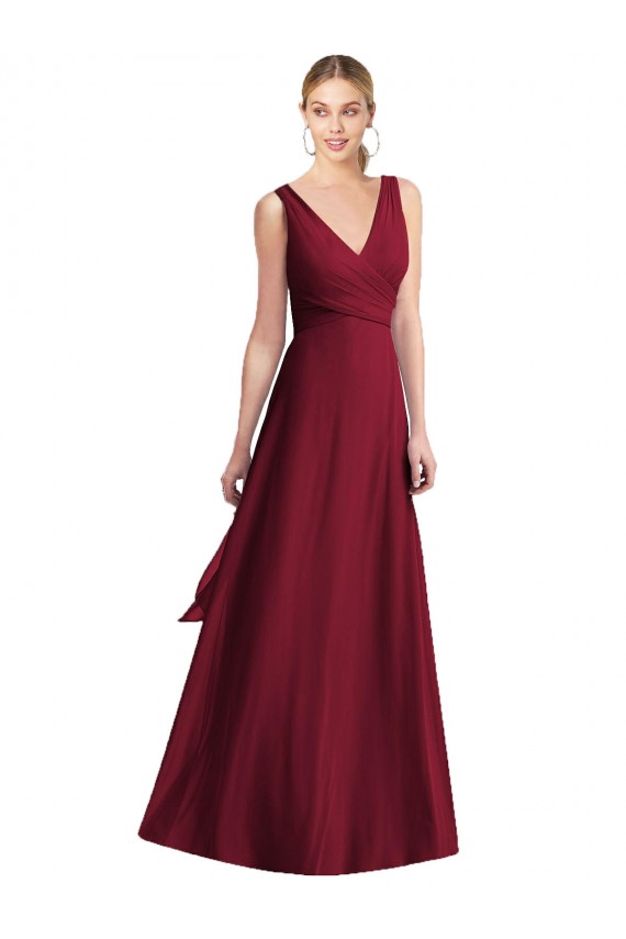 V-Neck Long Floor Length Chiffon Burgundy Sleeveless Bridesmaid Dress Darwin