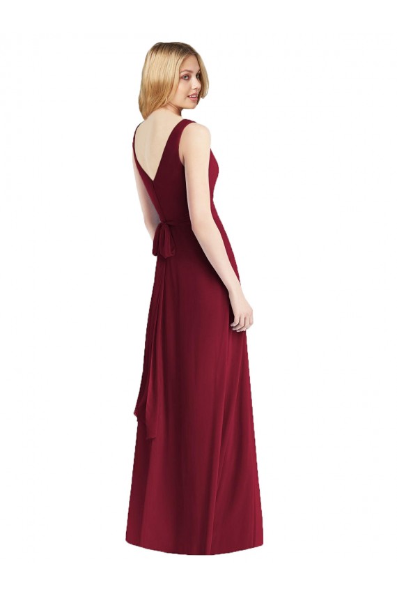V-Neck Long Floor Length Chiffon Burgundy Sleeveless Bridesmaid Dress Darwin