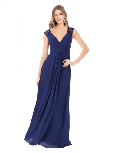 V-Neck Long Soft Chiffon Sapphire Cap Sleeves Bridesmaid Dress Darwin