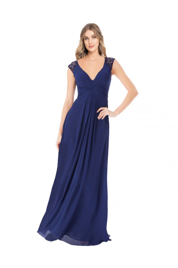 V-Neck Long Soft Chiffon Sapphire Cap Sleeves Bridesmaid Dress Darwin