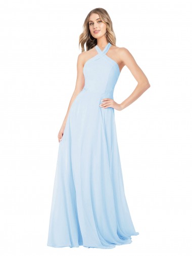 High Neck Long Chiffon Light Sky Blue Sleeveless Bridesmaid Dress / Evening Gowns Darwin