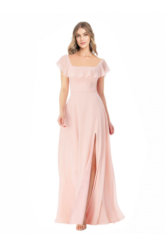 Square Neck Long Soft Chiffon Pink Cap Sleeves Formal Dress / Bridesmaid Dress Darwin