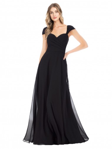 Sweetheart Long Soft Chiffon Black Cap Sleeves Bridesmaid Dress Darwin