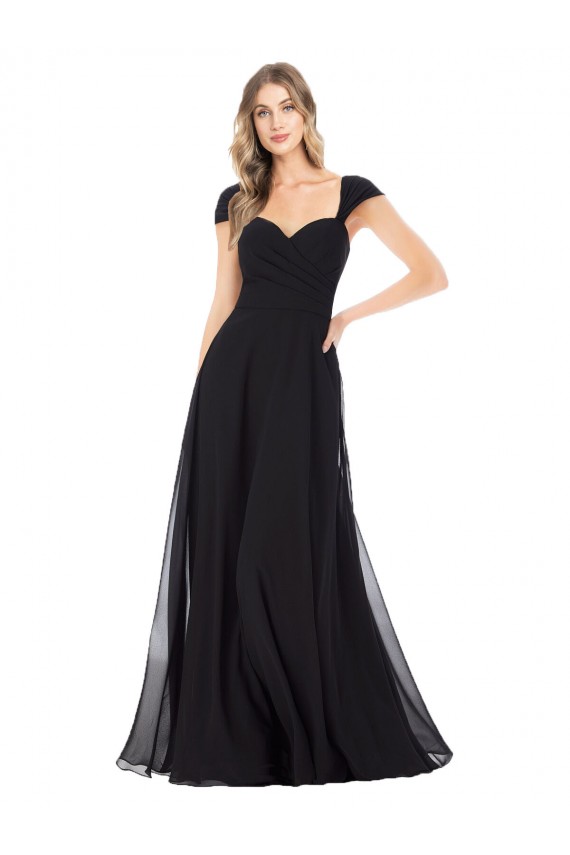 Sweetheart Long Soft Chiffon Black Cap Sleeves Bridesmaid Dress Darwin