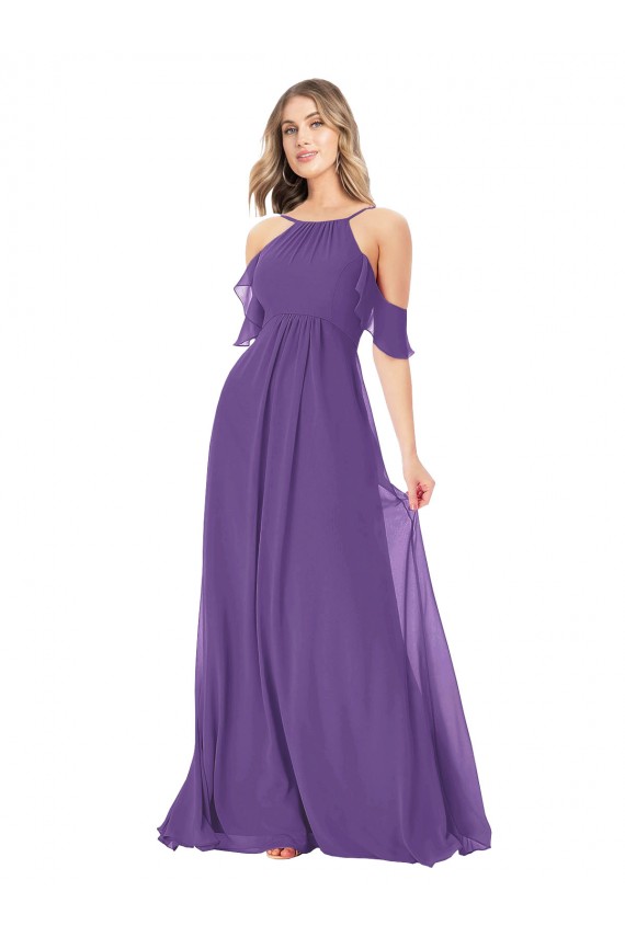 High Neck Long Soft Chiffon Plum Purple Cold Shoulder Bridesmaid Dress Darwin