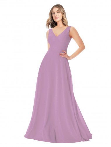 V-Neck Long Soft Chiffon Dark Lavender Sleeveless Bridal Party Dress Darwin