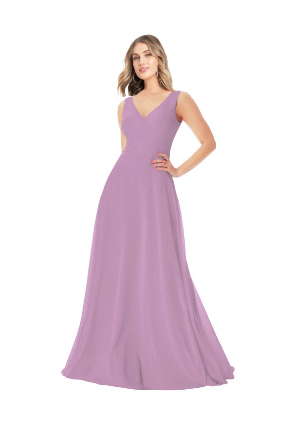 V-Neck Long Soft Chiffon Dark Lavender Sleeveless Bridal Party Dress Darwin