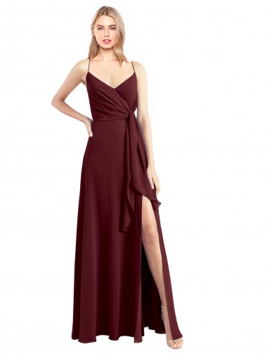 V-Neck Long Floor Length Chiffon Burgundy Gold Sleeveless Bridesmaid Dress Darwin