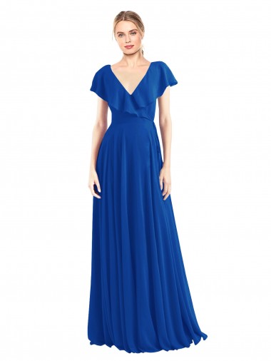 V-Neck Long Soft Chiffon Royal Blue Flutter Sleeves Bridesmaid Dress Darwin