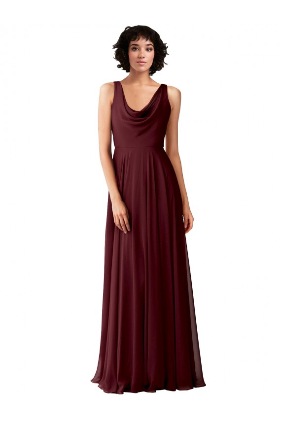 Cowl Neck Long Soft Chiffon Burgundy Gold Sleeveless Bridesmaid Dress Darwin