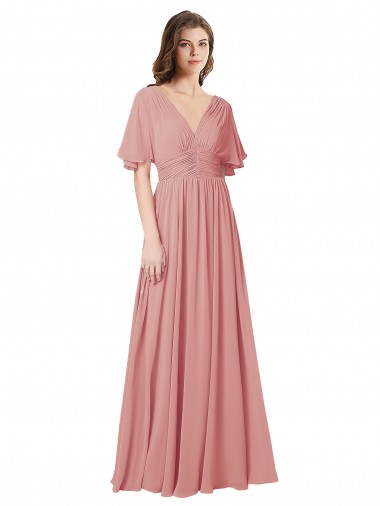 V-Neck Long Soft Chiffon Bliss Pink Flutter Sleeves Bridesmaid Dress Darwin