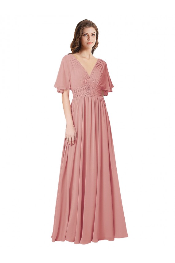 V-Neck Long Soft Chiffon Bliss Pink Flutter Sleeves Bridesmaid Dress Darwin