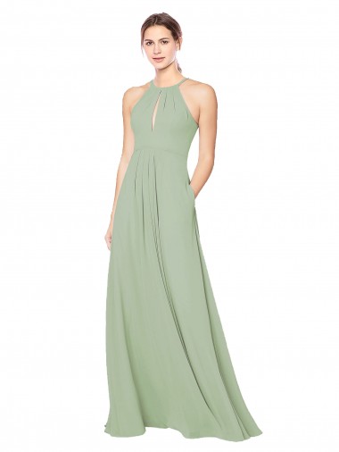 Halter Neck Long Soft Chiffon Smoke Green Sleeveless Bridesmaid Dress Darwin