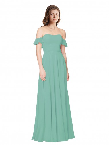 Off the Shoulder Long Soft Chiffon Jade Flounce Sleeves Bridesmaid Dress Darwin