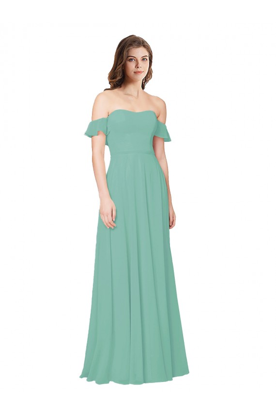 Off the Shoulder Long Soft Chiffon Jade Flounce Sleeves Bridesmaid Dress Darwin