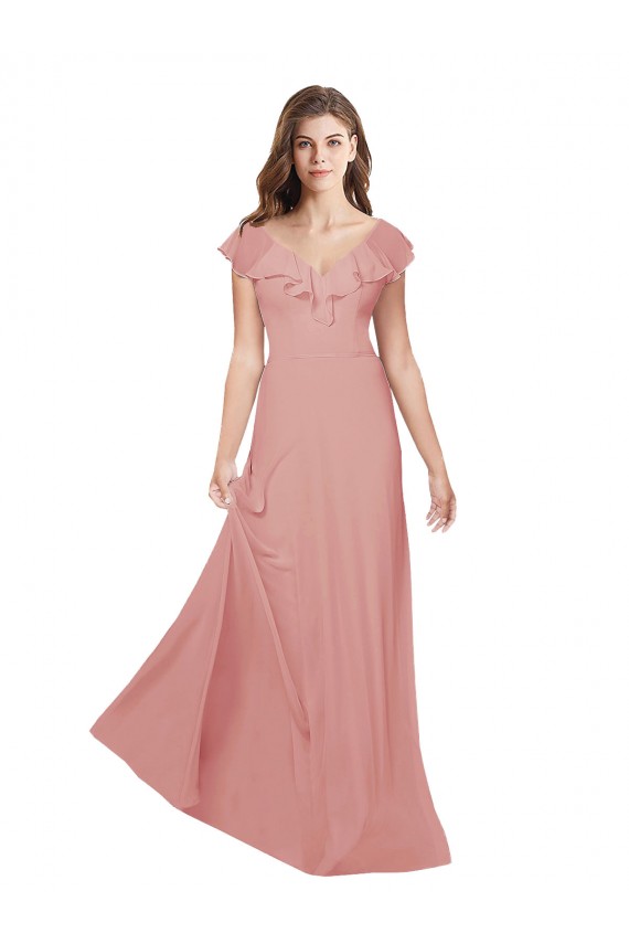 V-Neck Long Chiffon Bliss Pink Flutter Sleeves Bridesmaid Dress / Evening Dress Darwin